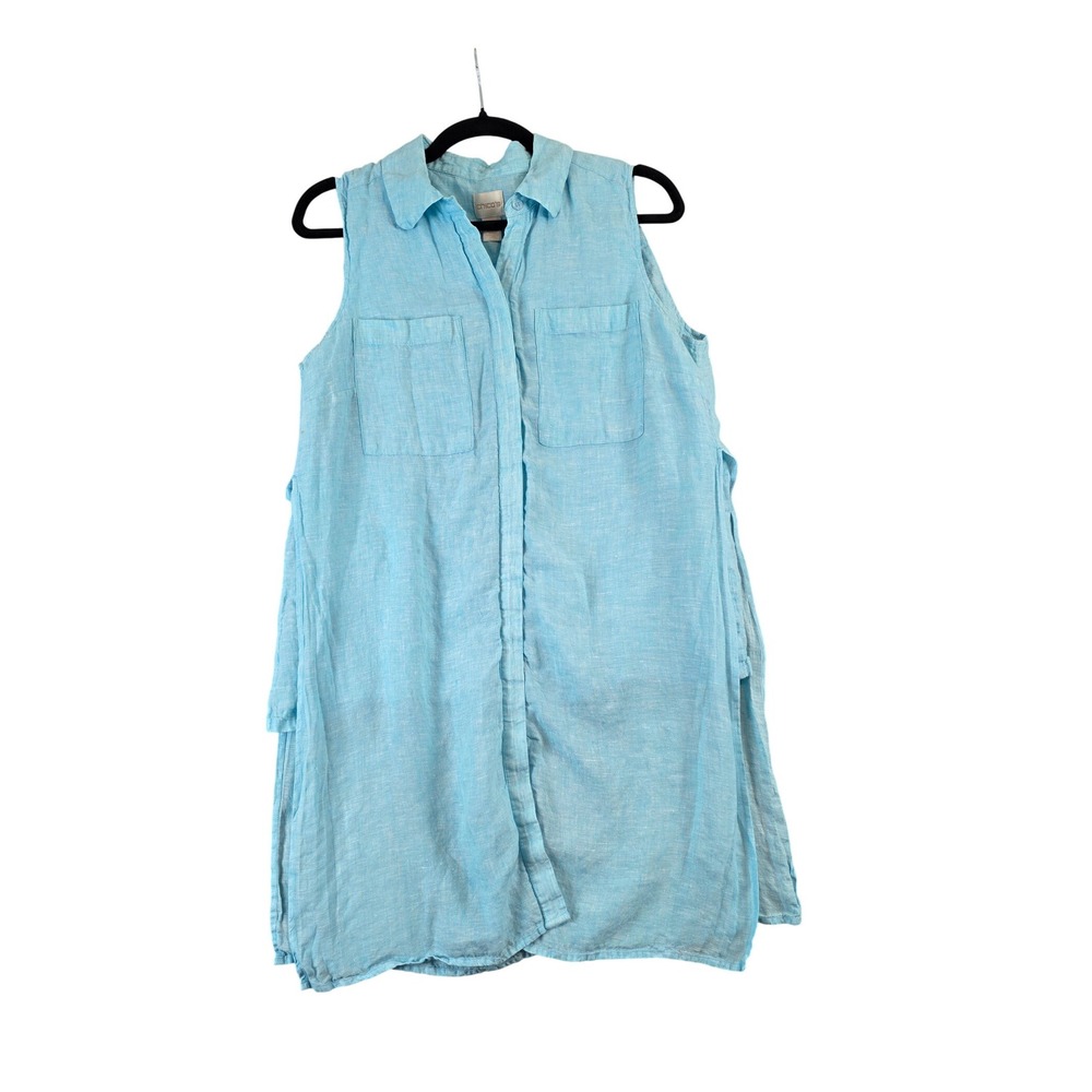 Chicos Blue 100% Linen Sleeveless Side Slit Button Front Tunic Shirt sz 1 or Med